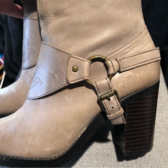 Ralph Lauren Delsa high leather boot in taupe front logo detail with straps 6 - Picture 5 of 8